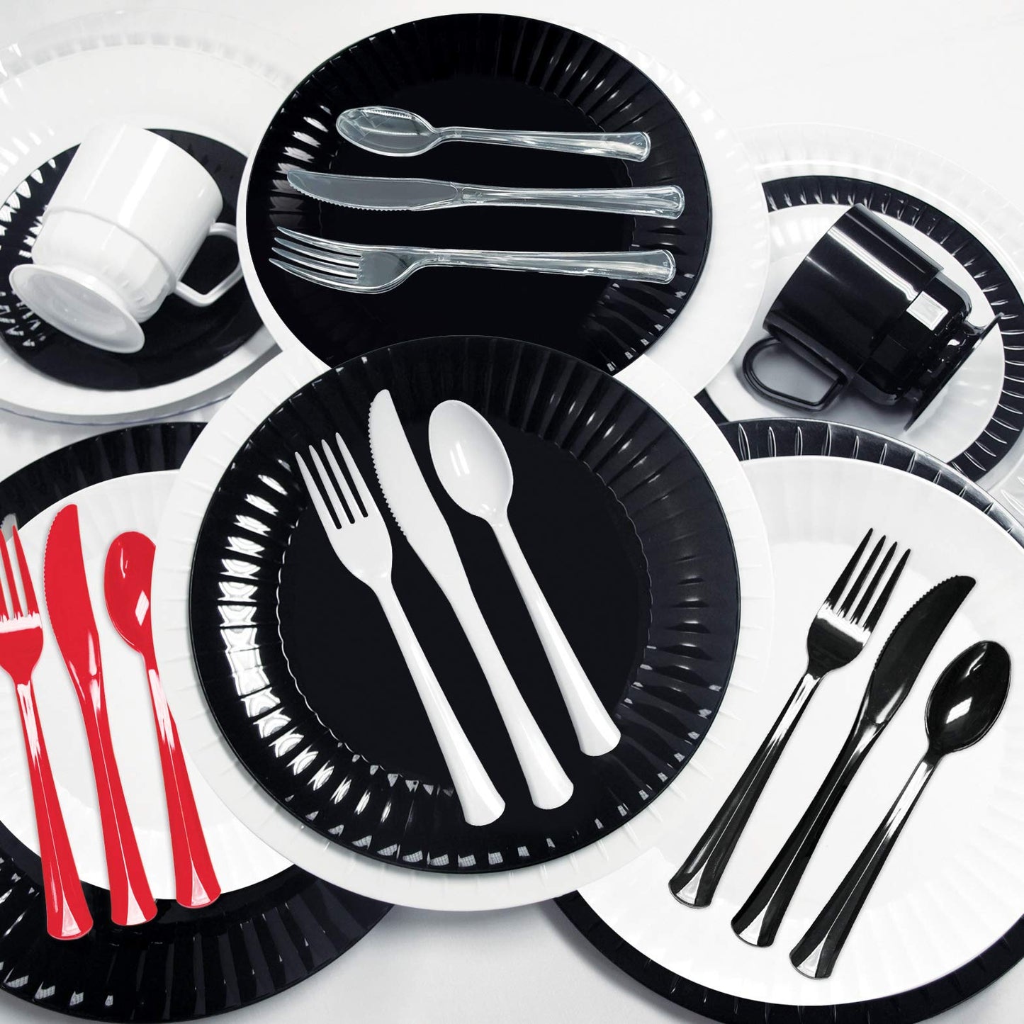 Party Essentials Extra Heavy Duty Hard Plastic Cutlery Combo Pack and Full Size Knives/Forks/Spoons, Clear, 8 Place Setting-Count
