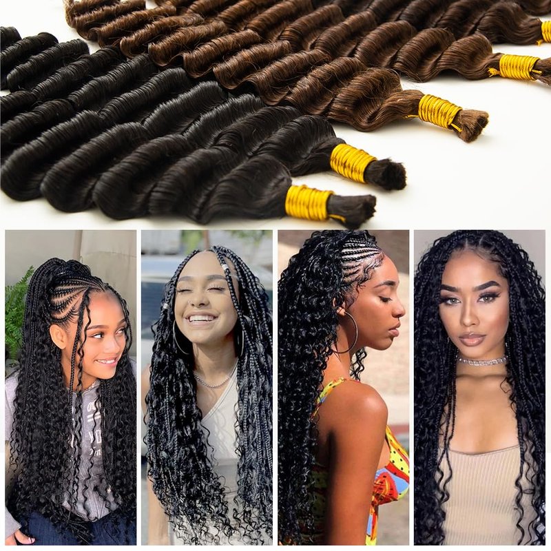 KRN Human Braiding Hair for Boho Braids, 100g/Pack (2 Bundles) Deep Wave Curly Bulk for Boho Braids No Weft 12A Grade Brazilian Virgin Hair Natural Color 16 Inch