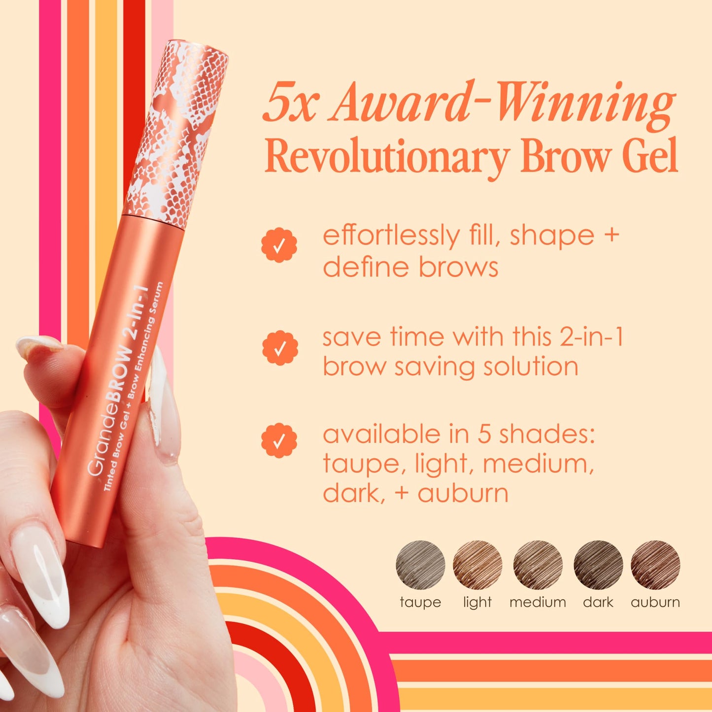 Grande Cosmetics GrandeBROW 2-in-1 Tinted Brow Gel + Brow Enhancing Serum for Thicker & Darker-Looking Eyebrows, Shape & Fill Brows, with Castor Oil & Mini Fibers - Light, Full Size (0.12 fl oz)