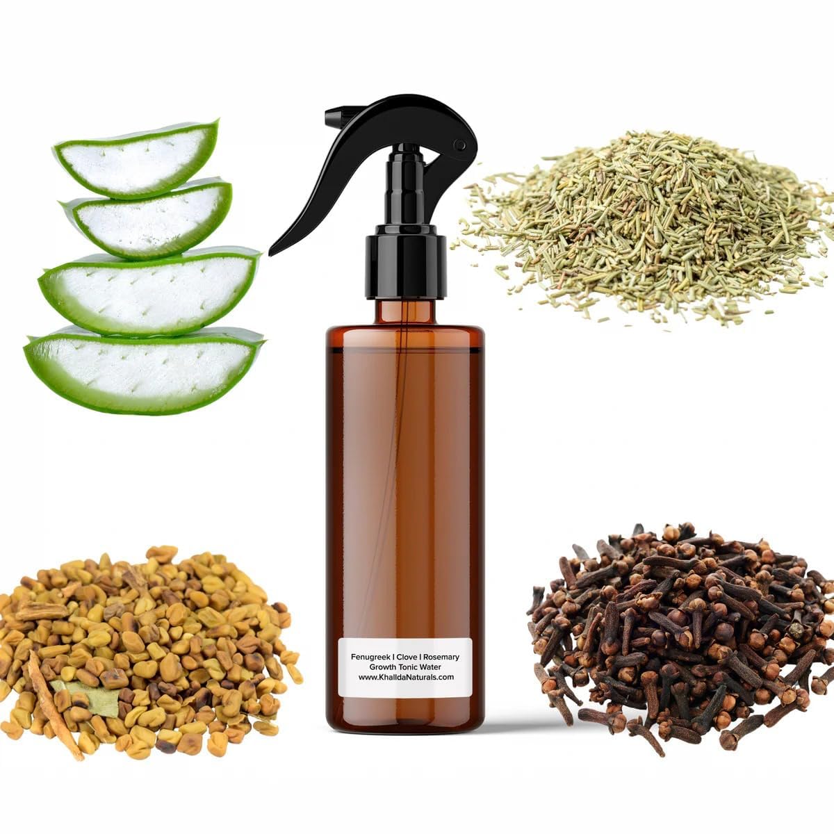 KhalidaNaturals Hair Growth Spray with Fenugreek, Rosemary, Clove, Aloe Vera. DHT Blocker. Promotes Hair Growth, 8 fl oz