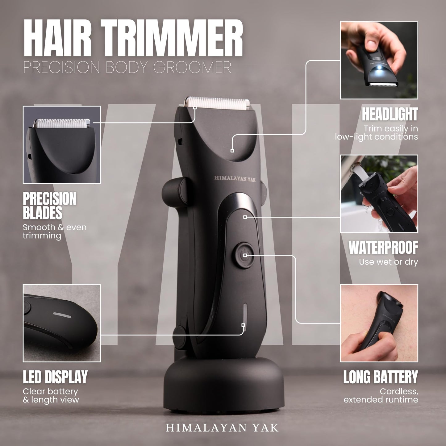 HIMALAYAN YAK Dual-Head Electric Body Hair Trimmer for Men & Women, Waterproof Groin & Bikini Shaver, Wet/Dry Groomer with Replaceable Ceramic Blades,USB Recharge Dock, Hygiene Razor for Full-Body Use