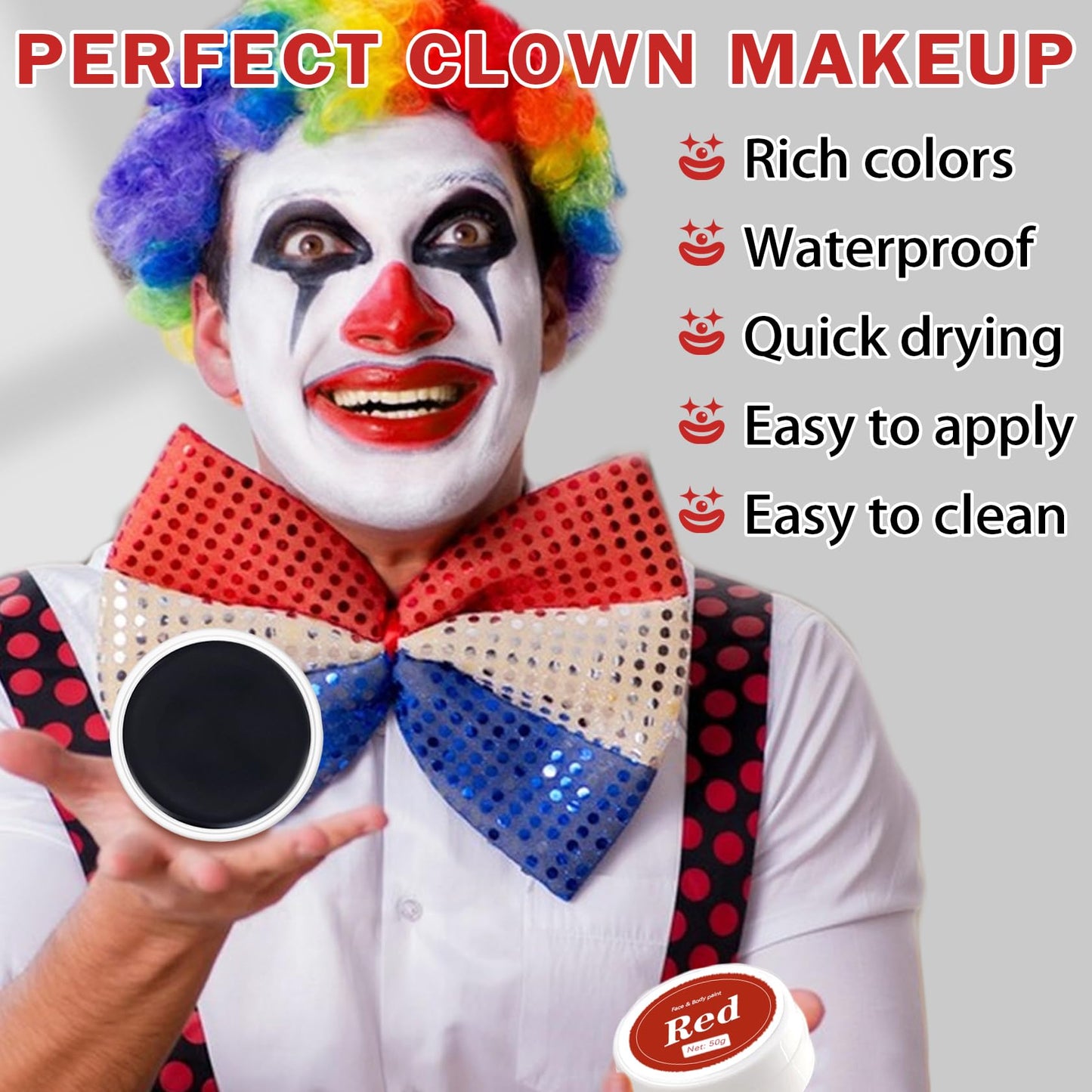 QIUFSSE Clown Makeup Kit,Red Black and White Face Painting Kit Professional,Clown Face Paint Halloween Makeup with Brushes,Oil Based Body Paint for Adults,Joker Vampire Zombie