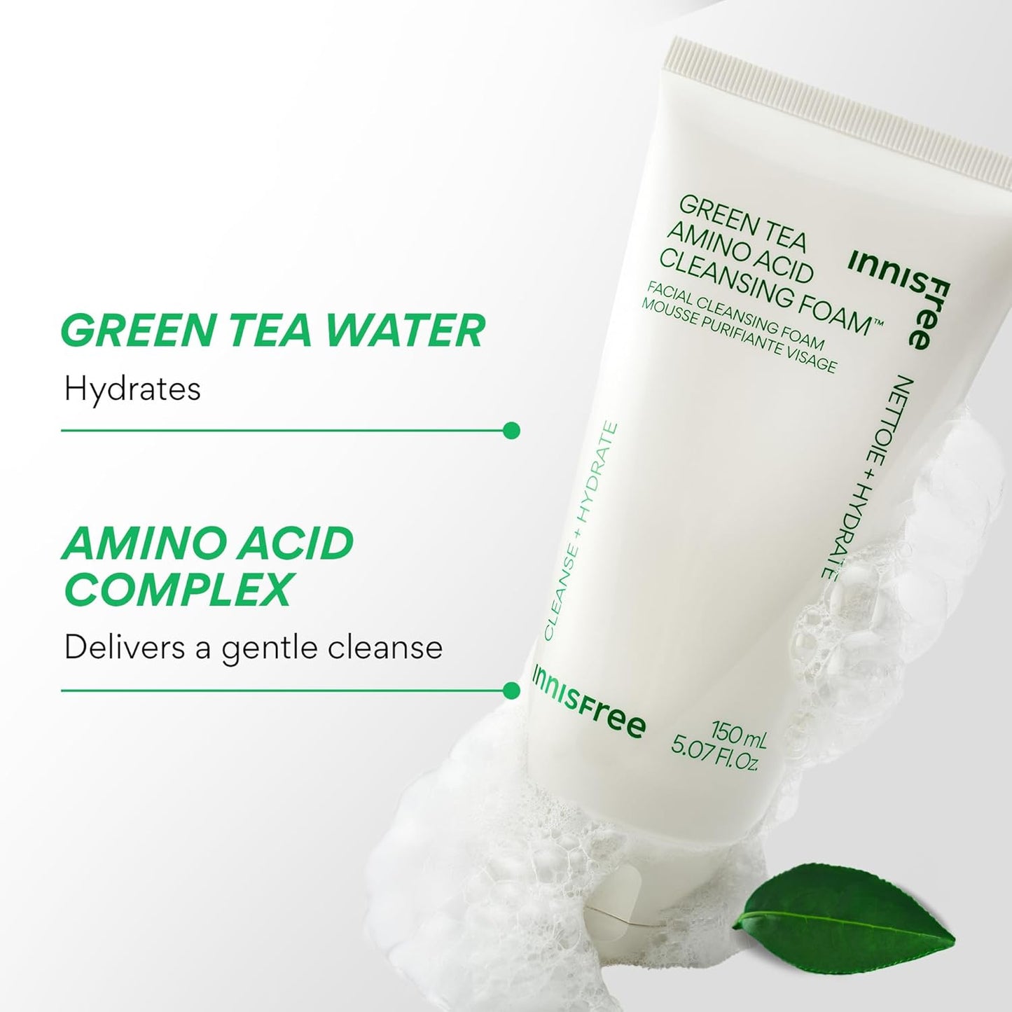 Innisfree Green Tea Amino Acid Cleansing Foam - Sulfate-Free Hydrating Face Wash | Gentle Lather, pH-Balanced Skincare