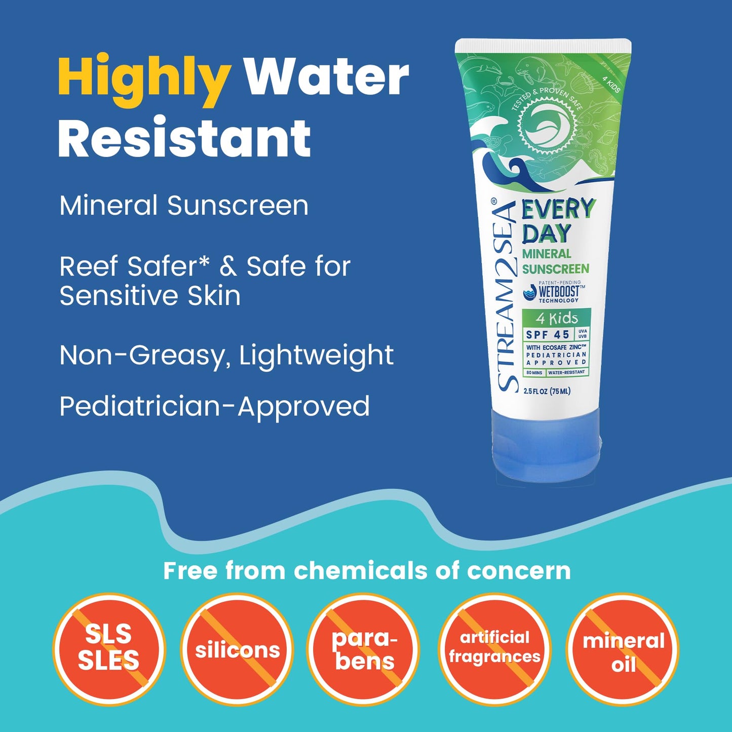 STREAM 2 SEA Every Day Kids Mineral Sunscreen SPF 45 Broad Spectrum — Gentle for Baby | Reef Safe, Biodegradable, EWG Verified | Zinc Oxide, Chamomile & Calendula | Water Resistant 80 Min 2.5 Fl Oz