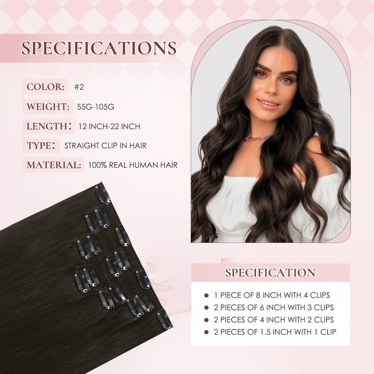 Hyssiet 14 Inch Clip in Real Human Hair Extensions,Dark Brown Remy Thick Invisible Straight Clip Hair,Seamless, 65 Gram 7 Pieces With 16 Clips,Perfect for Fine or Thinning Hair