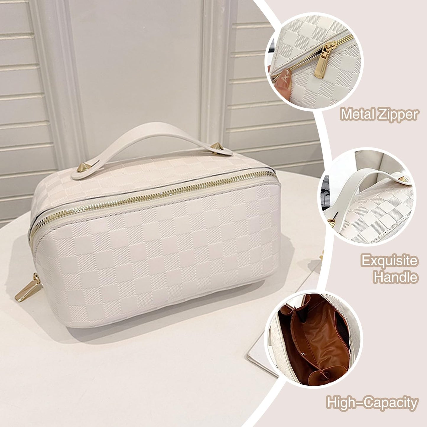 Ovenot Checkered Travel Cosmetic Bag - Multifunctional Waterproof Large-capacity Makeup Bag with Handle and Divider for Easy Access (White-Checkered)