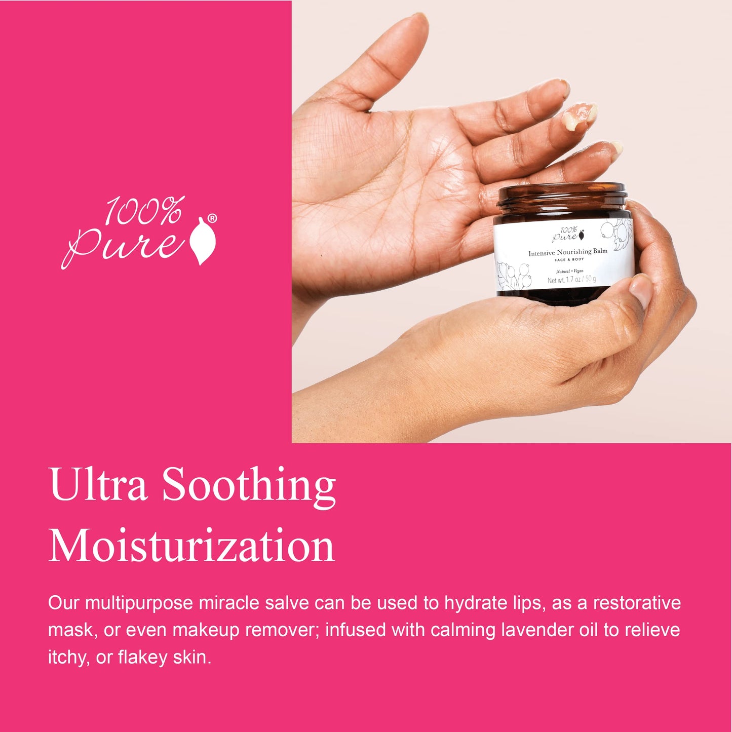 100% PURE Intensive Nourishing Balm Face & Body Cream Moisturizer with Luxuriously Thick Replenishment for Powerful Hydration & Dry Skin Care - Vegan - 1.7oz