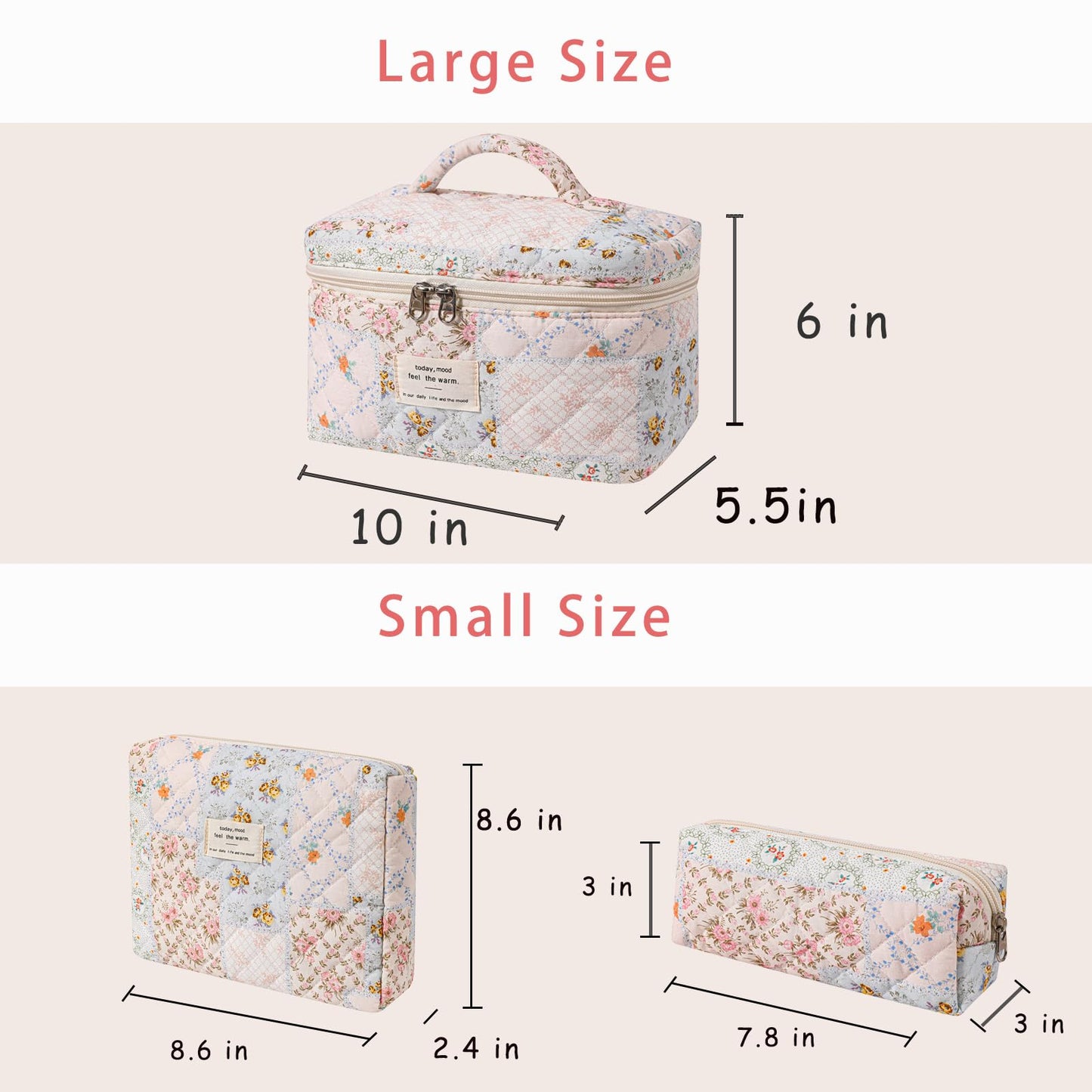 uekeboag 3Pcs Quilted Cotton Makeup Bag,Coquette Quilted Toiletry Bag for Women and Girls,Floral Coquette Pouch,Cute Kawaii Travel Cosmetic Bags(3Pcs pink flower)