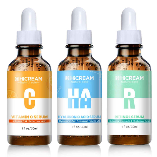 Hicream Face Serum Set 3-Pcs Set, Includes Vitamin C, Hyaluronic Acid & Retinol - Skin Care Set for Brightening, Firming, Hydrating - Facial Skin Care Set for Fine Lines, Dark Spot Corrector