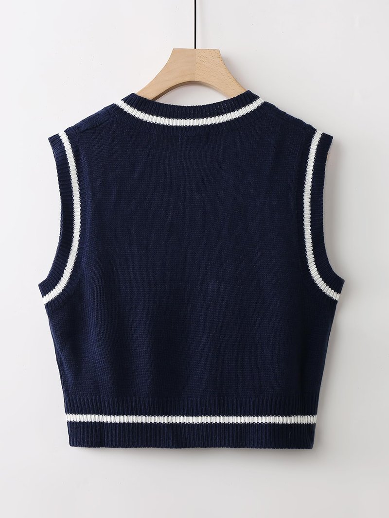 Floerns Women's V Neck Letter Striped Trim Sleeveless Sweater Vest Knit Top Navy Blue S