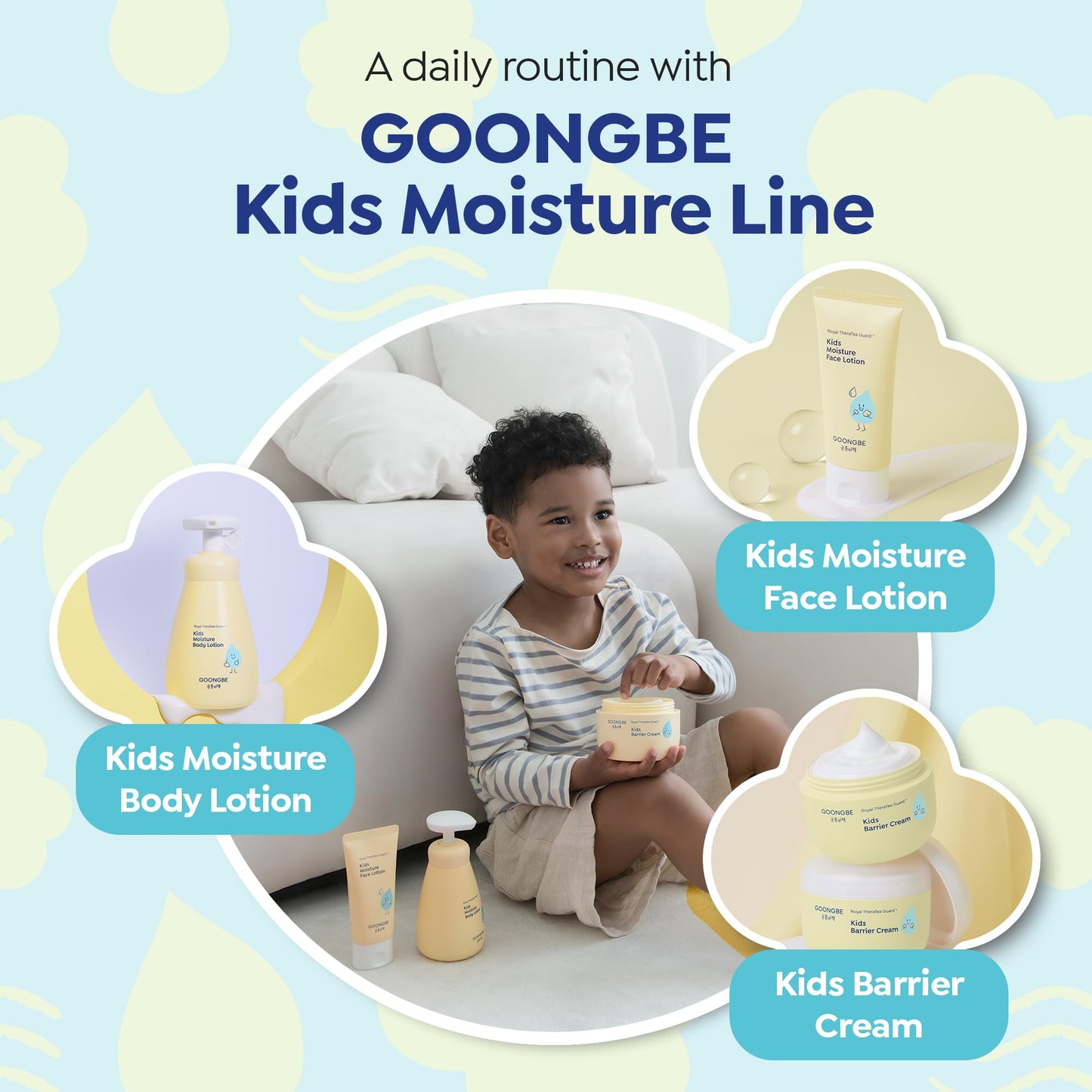 GOONGBE Kids' Moisture Body Lotion - Korean Kids Daily Body Moisturizer - Long Lasting 24hr Hydrating Cream Type Lotion with Cica and Squalane - Allergen Free Scent, 2.7 fl.oz. 2 Pack