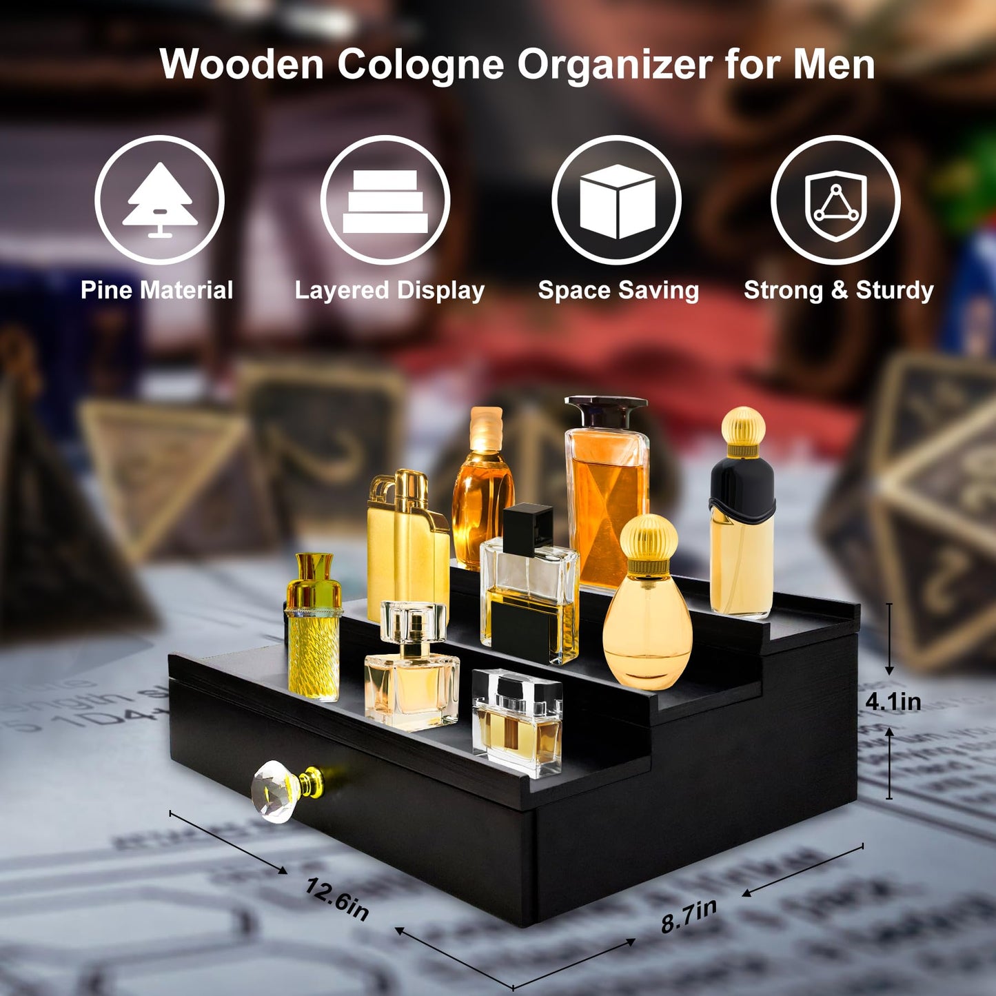KALLODEAR Cologne Organizer for Men, 3 Tier Cologne Stand Organizer for Men, Wood Perfume Organizer with Felt Lining Drawer and Hidden Compartment, Great Gift for Men(Black)