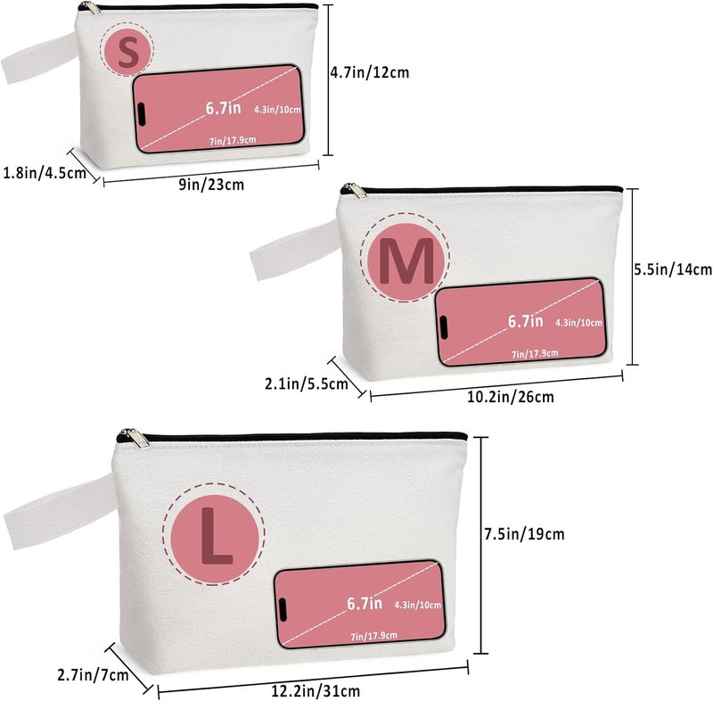 Koolmox 20 Pack 12Oz Blank Makeup Bags with Bottom and Strap, Multi-purpose Large Canvas Zipper Toiletry Organization Pouch Blank Bag for HTV Crafts (White Bag w/Black Zipper, L, 12.2x7.4x 2.7'')