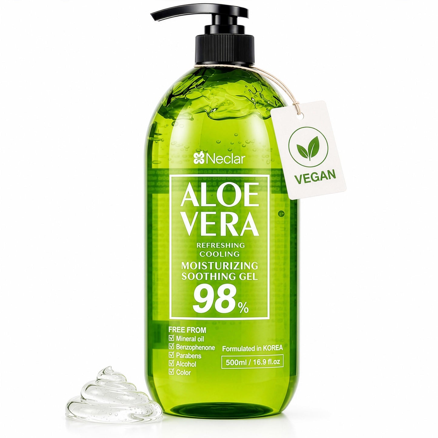 Neclar 98% Pure Aloe Vera Gel for Sunburn Relief - Big 16.9 oz / 500ml - Korean After Sun Care lotion For Face, Skin and Hair - Sun Burn Moisturizer Cream (16.9 Fl oz)