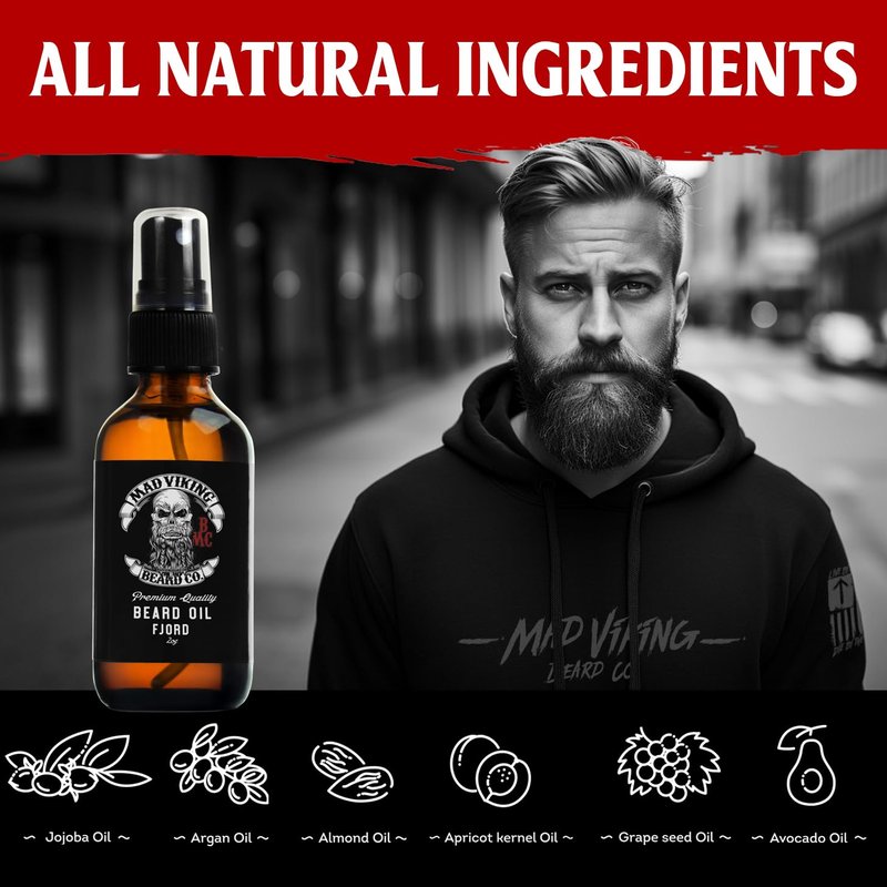 Mad Viking Fjord Beard Oil - Hydrate, Soften And Grow Your Beard Naturally. Fight Itch And Dandruff With A Crisp Yet Woodsy Mint, Orange, Cedarwood & Sandalwood Scent. Made In The USA - 2oz