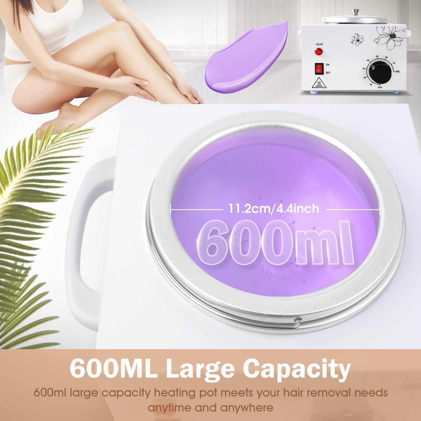600ML Wax Warmer for Hair Removal, Professional Waxing Heater Pot with Adjustable Temperature for Women Men, with 20 Wooden Wax Sticks