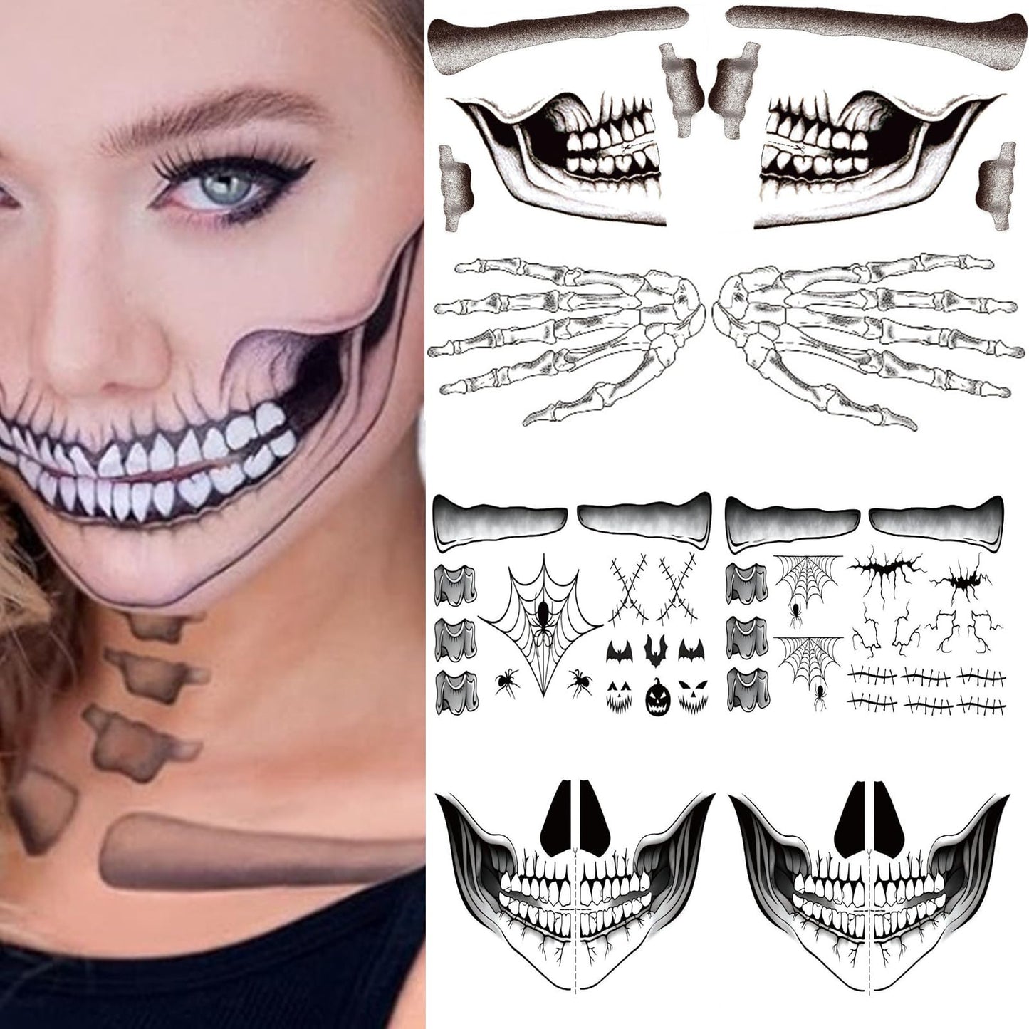 8 Sheets Halloween Temporary Face Tattoos Stickers,Mouth Scar Skeleton Hand Temporary Tattoos Adult, Body Makeup Cosplay Festival Rave Face Stickers Halloween Decorations