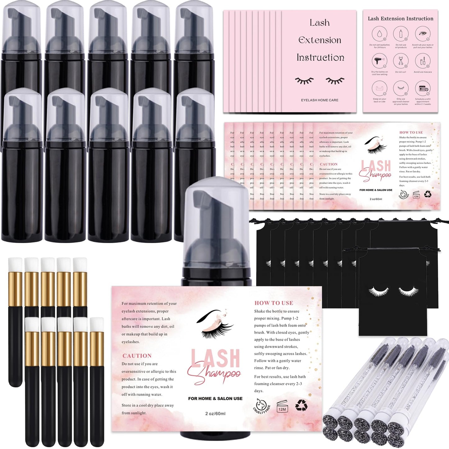60PCS Lash Shampoo Bottles and Brushes Set, 10pcs Foam Pump Dispenser, Lash Cleaning Brush, Eyelash Extension Tube Brush, Instructions Cards, Bags, Lash Shampoo Stickers for Lash Business (B-black)