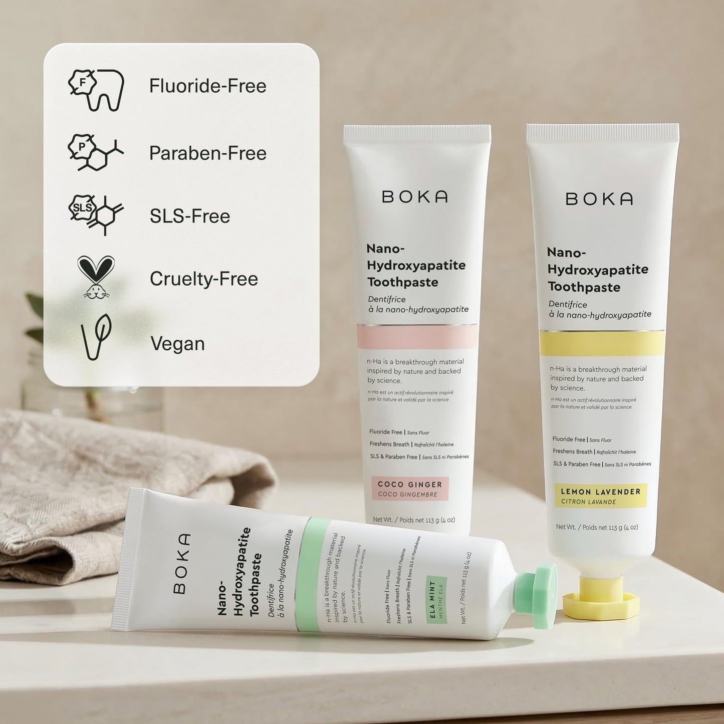 Boka Fluoride Free Toothpaste, Nano Hydroxyapatite Toothpaste, Appropriate for Sensitive Teeth - for Adult Oral Care - Ela Mint, Coco Ginger, Lemon Lavender Flavor, 4 Fl Oz 3Pk