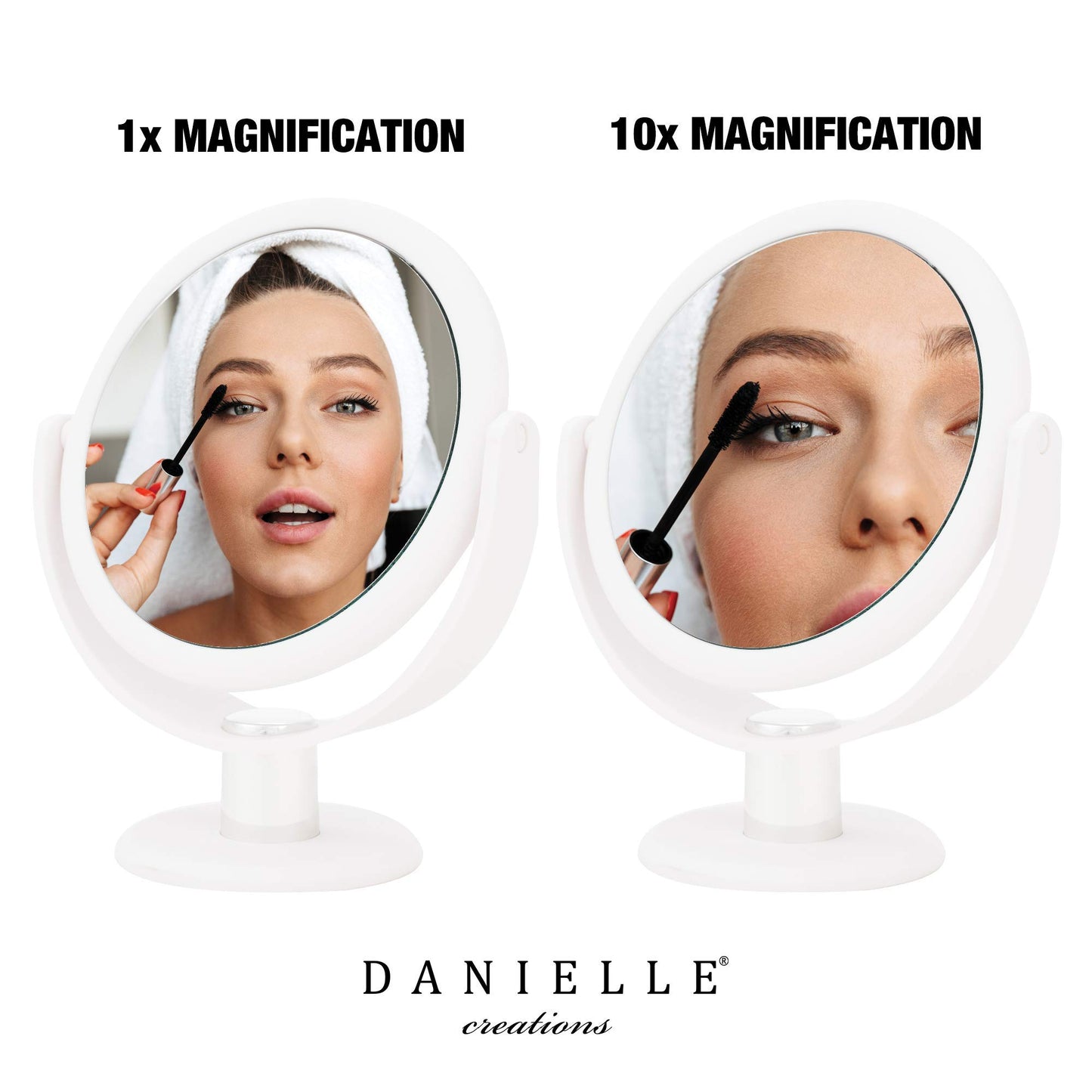 Danielle Creations 6.75-Inch Portable Two-Sided Vanity Round Vanity Makeup Mirror, No-Slip Soft Touch with 360 Rotation, 10x Magnification, White