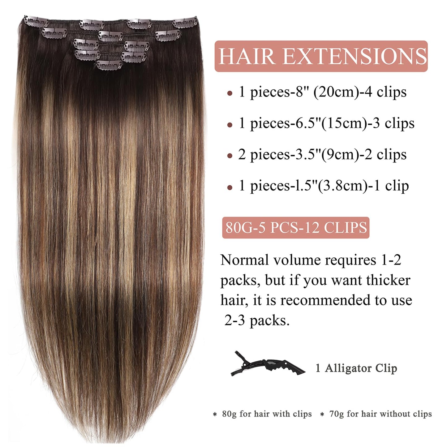 Clip in Hair Extension Real Human Hair Balayage Clip in Extensions for Women 80g/5pcs Balayage Chocolate Brown to Caramel Blonde Human Hair Extensions Clip ins 14 Inch Gift