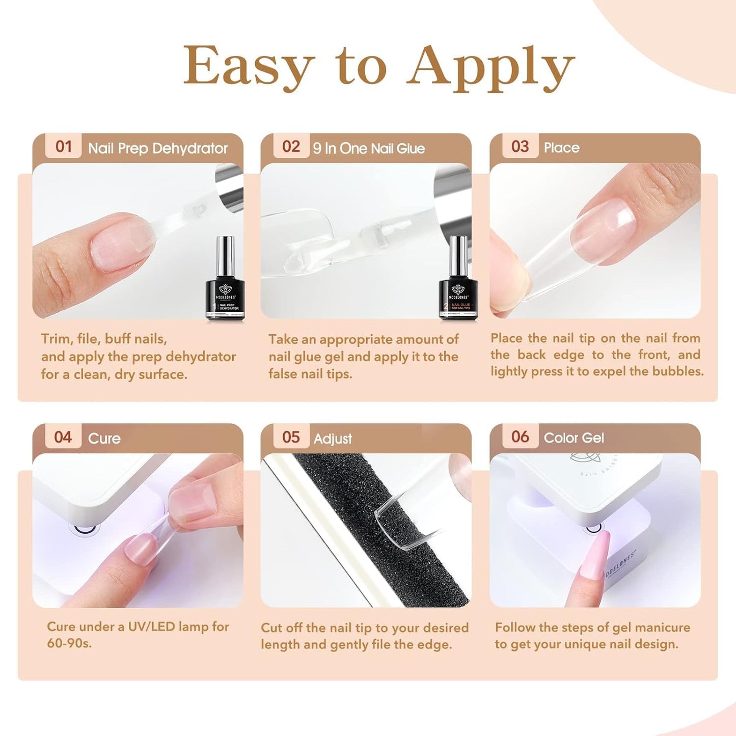 modelones 9 in One X Gel Nail Glue Prep Dehydrator for Nail Tips, Acrylic & False Press On Nails, Blooming Gel Adhesive Bond Base Coat Long Lasting Need U V DIY Home Salon Manicure Gift For Women