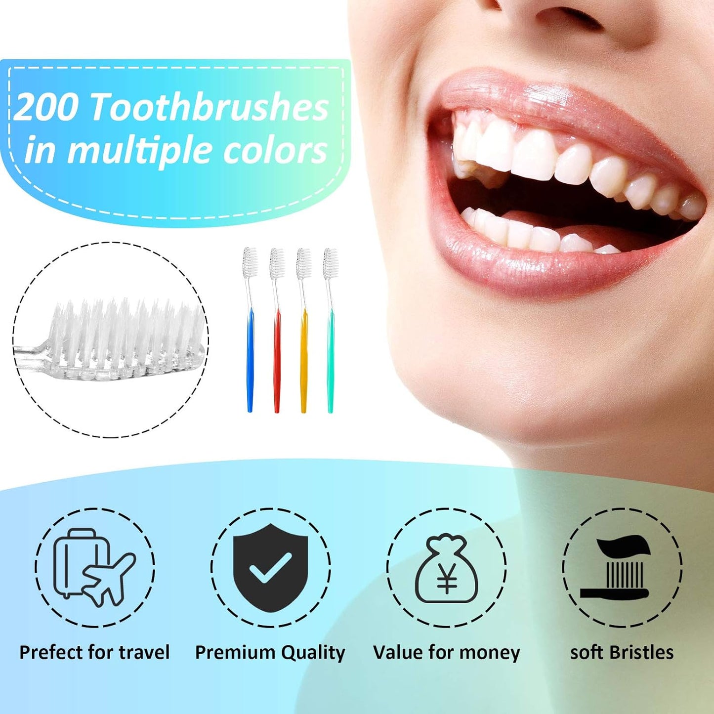 200 Pcs Disposable Travel Toothbrush Set - Medium Soft Bristles, Individually Wrapped for Adults | Perfect for Hotels & Travel