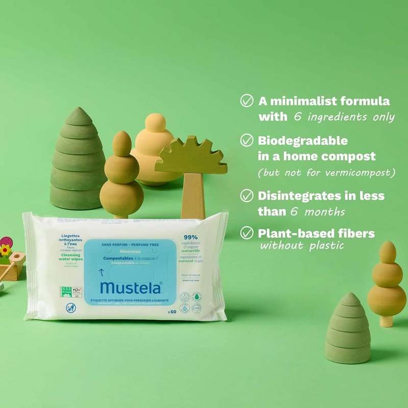 Mustela Baby Compostable Cleansing Wipes | Natural & Plant-Based - Fragrance-Free for All Skin Types - 99% Natural Ingredients