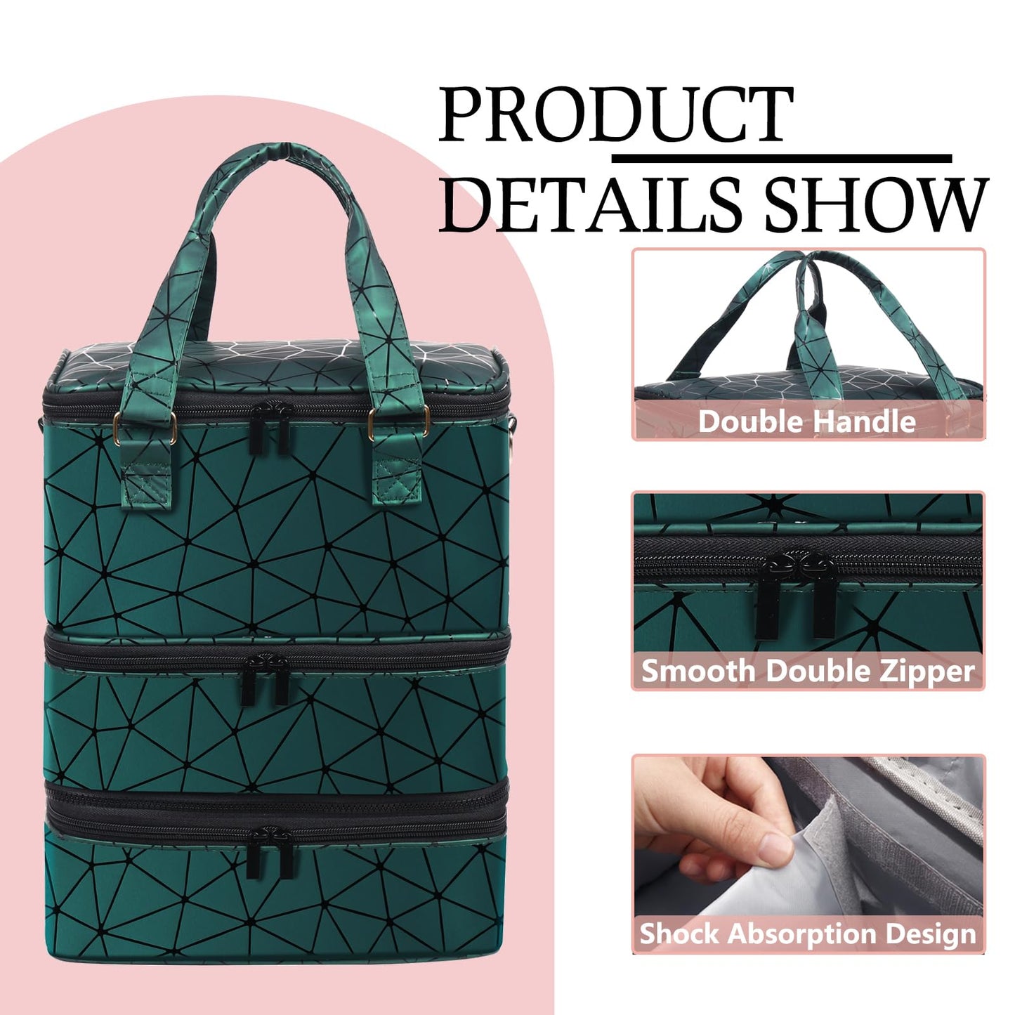 FCQQYWZ Large Nail Polish Organizer Case Hold 84+ Bottles Nail Polish & Nail Lamp, 3 Layers Nail Organizers and Storage for Nail Tech with Divider, Travel Carrying Case(Green)