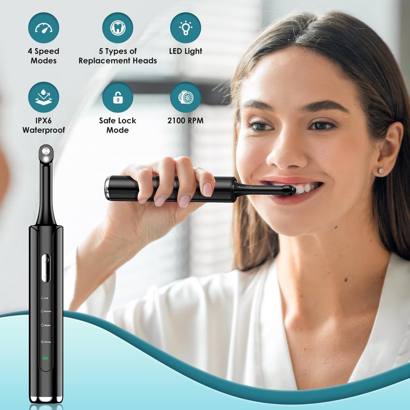 Tooth Polisher, Rechargeable Teeth Polisher with 5 Brush Heads, 4 Speed Modes, Tooth Whitening for Cleaning and Polishing, LED Light, 3 Polish Pastes, IPX6 Waterproof Teeth Cleaning Tools, Black