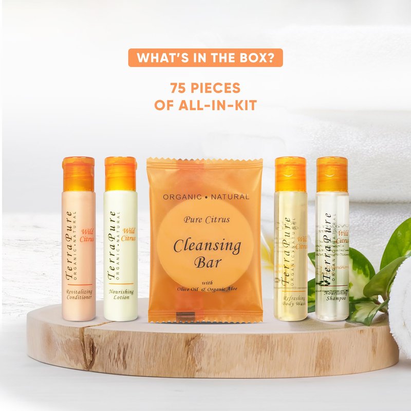 Terra Pure Wild Citrus Toiletries Set | 1-Shoppe Amenities Kit | 1oz Shampoo, Conditioner, Body Wash, Lotion, 1oz Bar Soap | 75 Pieces