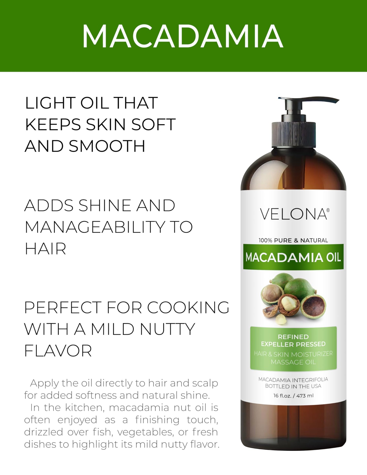 velona Macadamia Nut Oil 32 Fl Oz | 100% Pure and Natural Carrier Oil | Refined | Cooking, Skin, Hair, Body & Face Moisturizing | Use Today - Enjoy Results