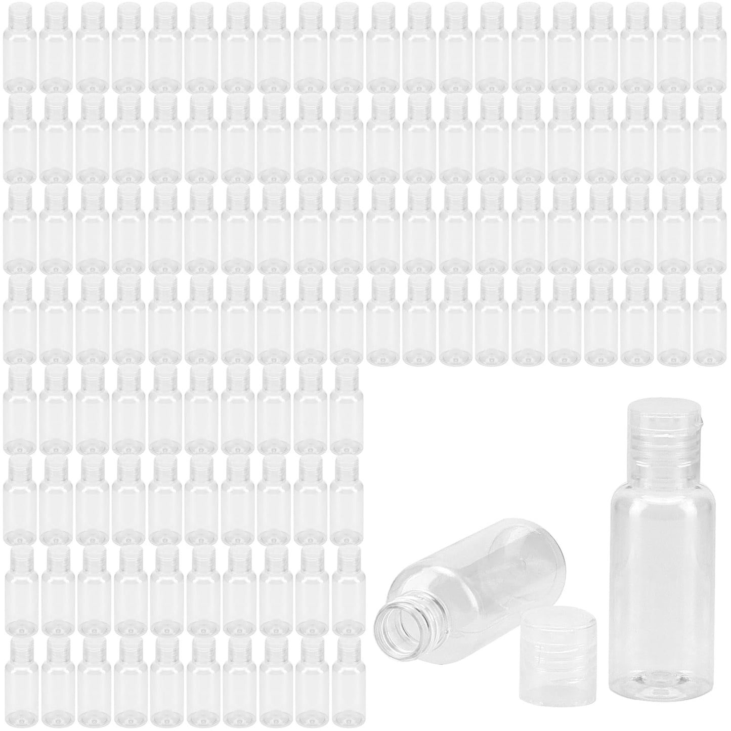 GINLANK 120 PCS 1oz/30ml Clear Empty Travel Bottles, Round Empty Bottles with Flip Cap, Plastic Sample Bottle Container for Shampoo Lotions Shower Gel Makeup