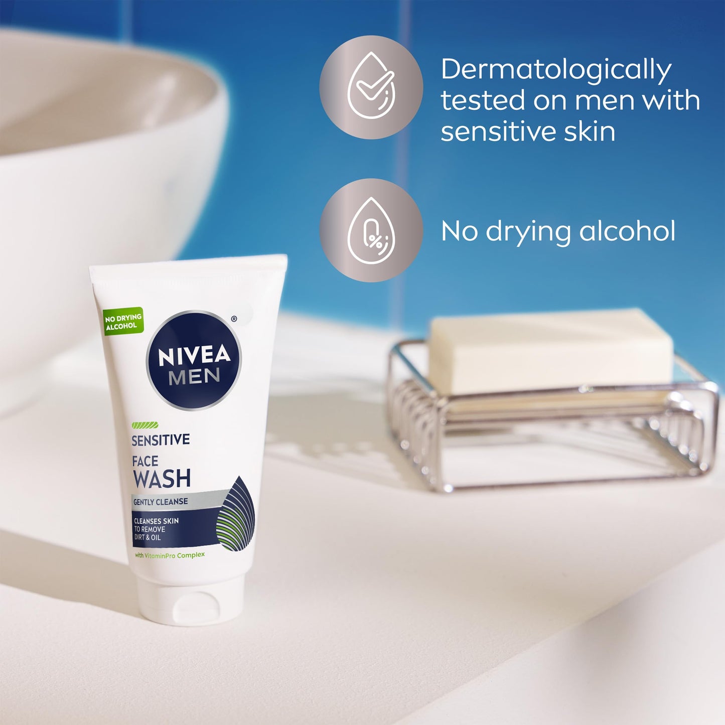 NIVEA MEN Sensitive Face Wash with Vitamin E and Chamomile Extract, No Drying Alcohol, Gentle Face Wash for Men with Sensitive Skin, 5 Fl Oz Tube