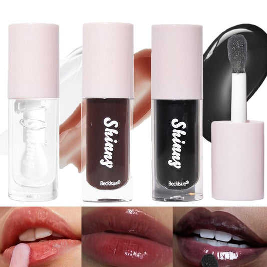LuckNest Translucent Black Lip Gloss, Clear/Cherry/Sugar Lip Oil, Plumping Hydrating Mirror Highlight Gloss - Moisturizing Long Lasting & Non-Sticky Vegan Makeup (3Pcs)