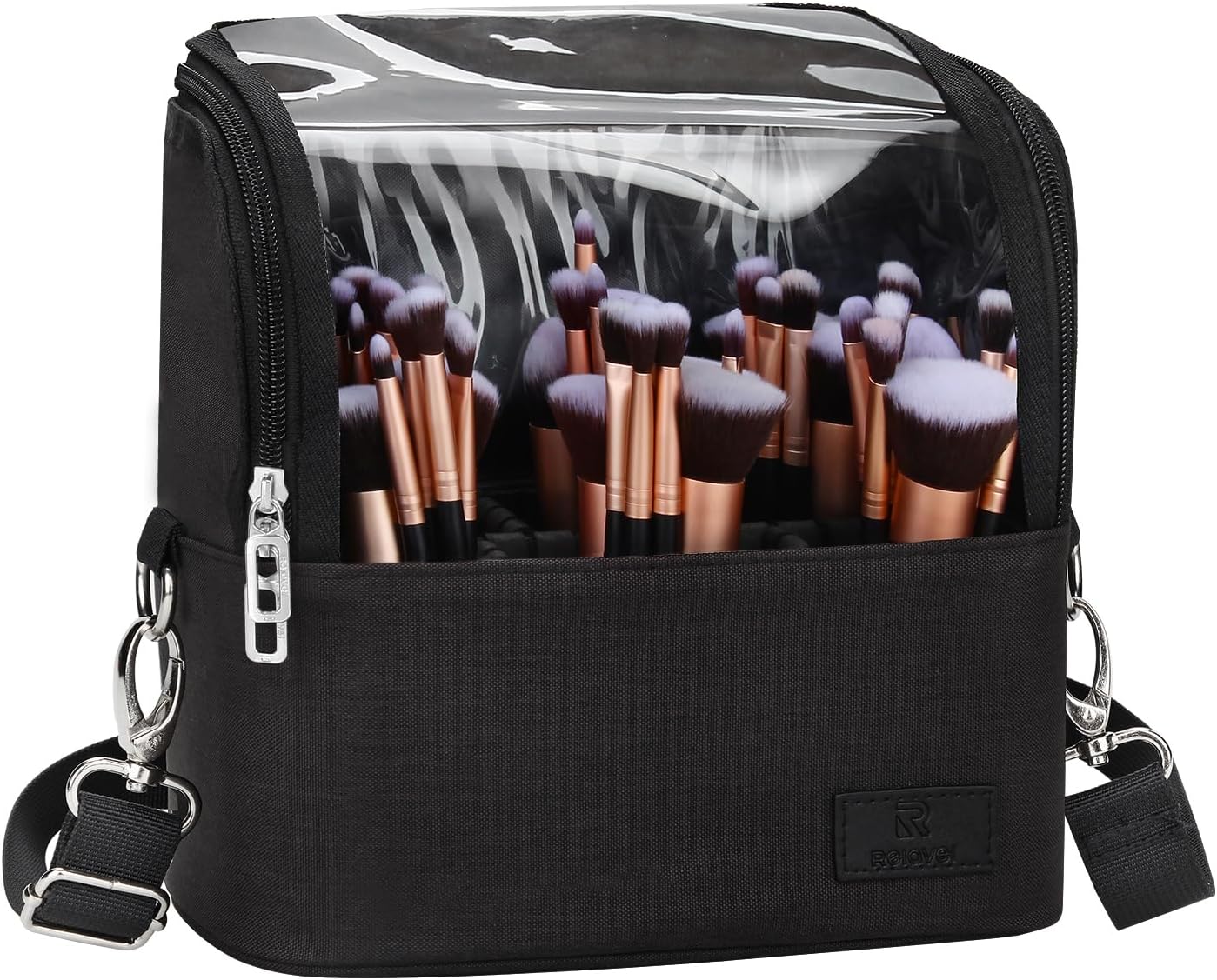 Makeup Brush Organizer - Travel-Friendly Stand-Up Holder with Adjustable Divider | Large Black Cosmetic Case