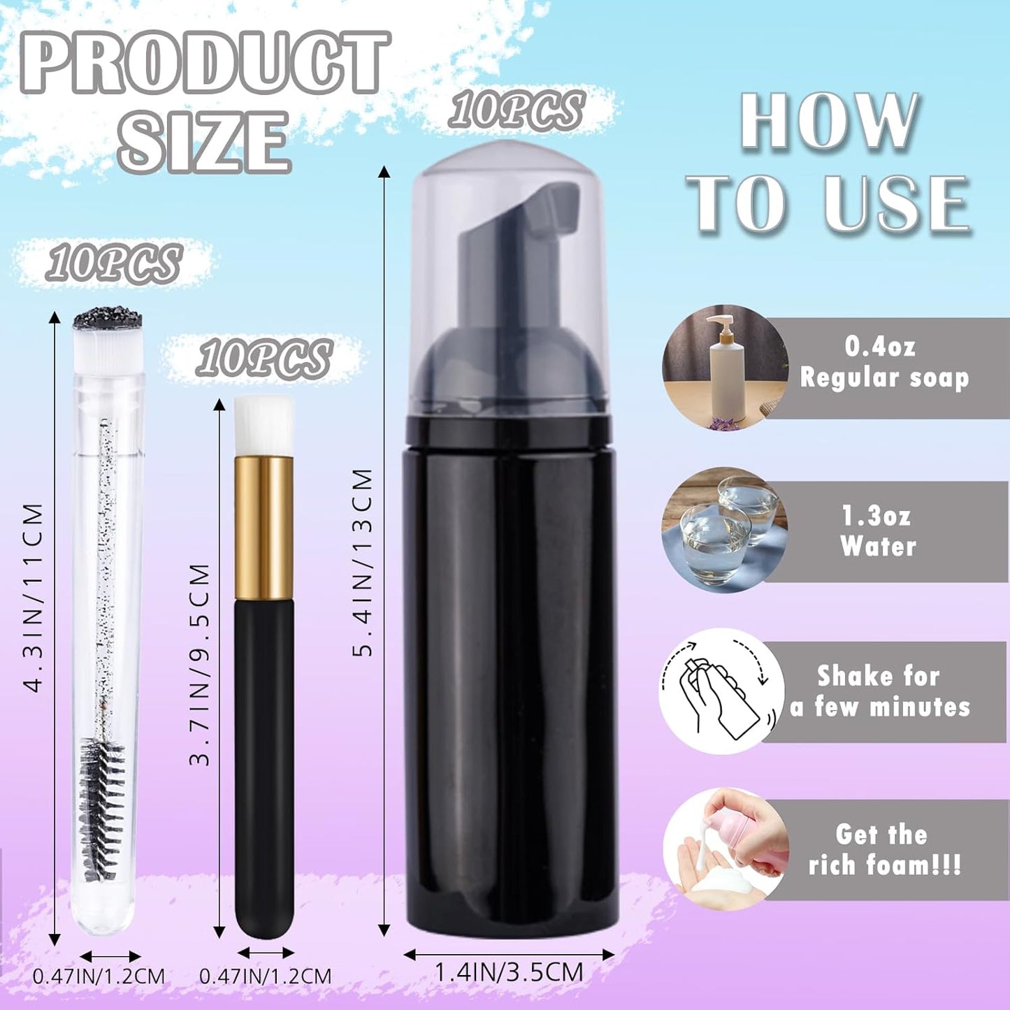 Lash Shampoo Bottles & Brushes Set - 50PCS Eyelash Cleaning Tools | Black Aftercare Bags & Instructions