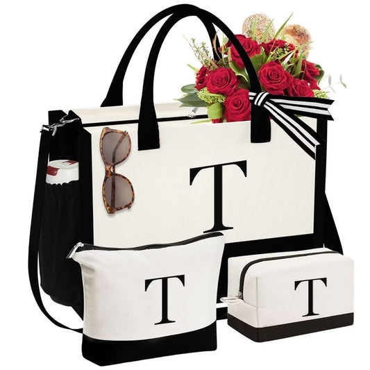 YOOLIFE Teacher Gifts for Women, Teacher Tote Bag, Initial Canvas Tote Bag & Makeup Bag, Letter T