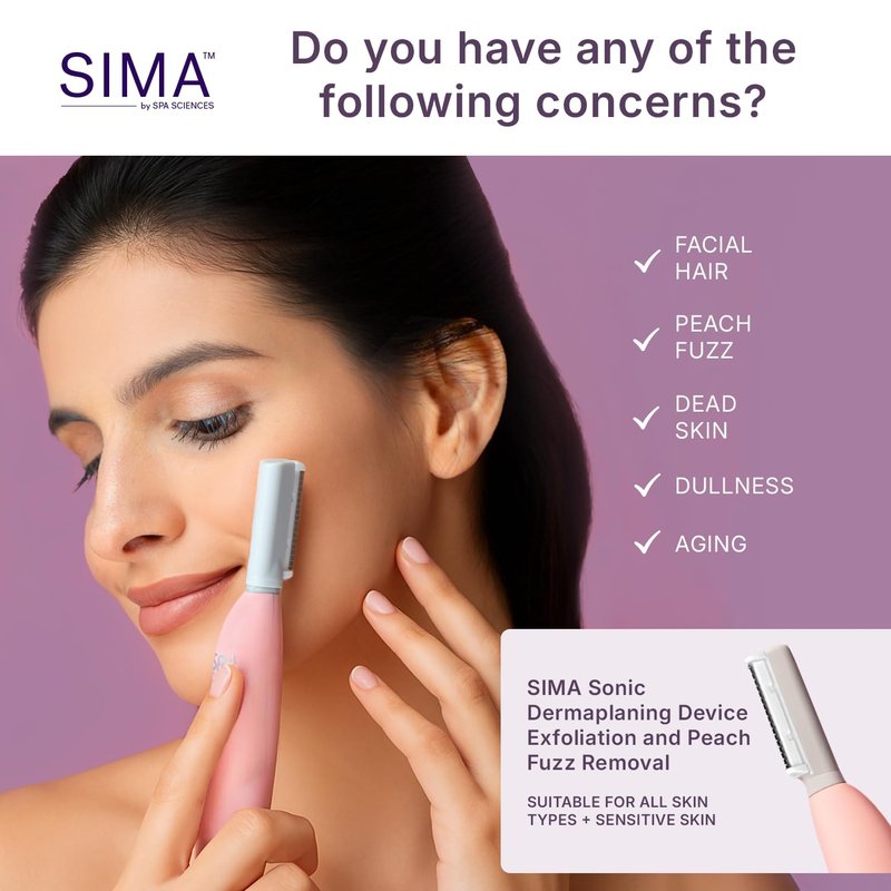 SPA SCIENCES - SIMA Patented Dermaplane Razor for Women Face – Painless 2-in-1 Facial Exfoliation & Peach Fuzz Hair Removal – Anti-Aging – 3 Speeds – Rechargeable – 19 Weeks Treatment
