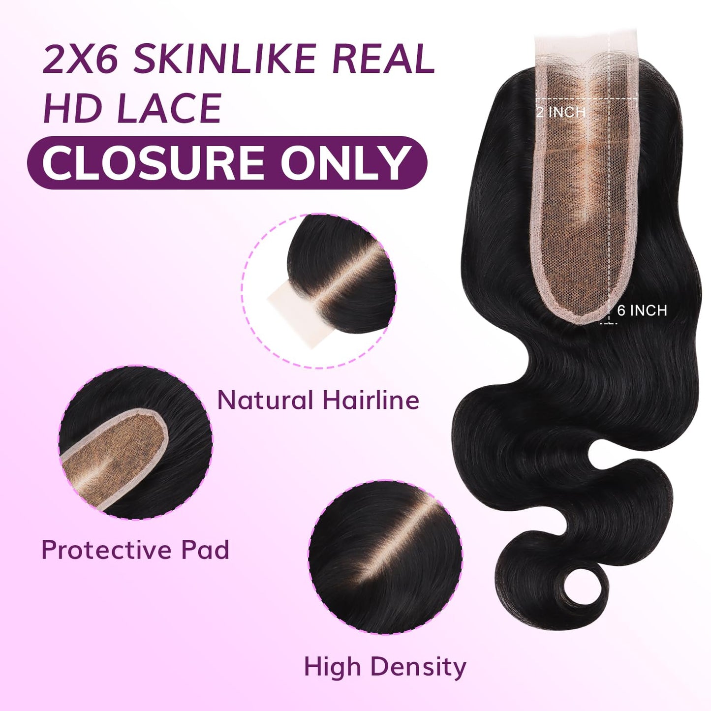IDN BEAUTY SKINLIKE REAL HD 2X6 Lace Closure Human Hair 16 Inch Body Wave Closure Bleached Single Knots HD Closure Ultra-thin 2x6 Lace Closure Virgin Human Hair 0.1 mm Pre Plucked Hairline Closure