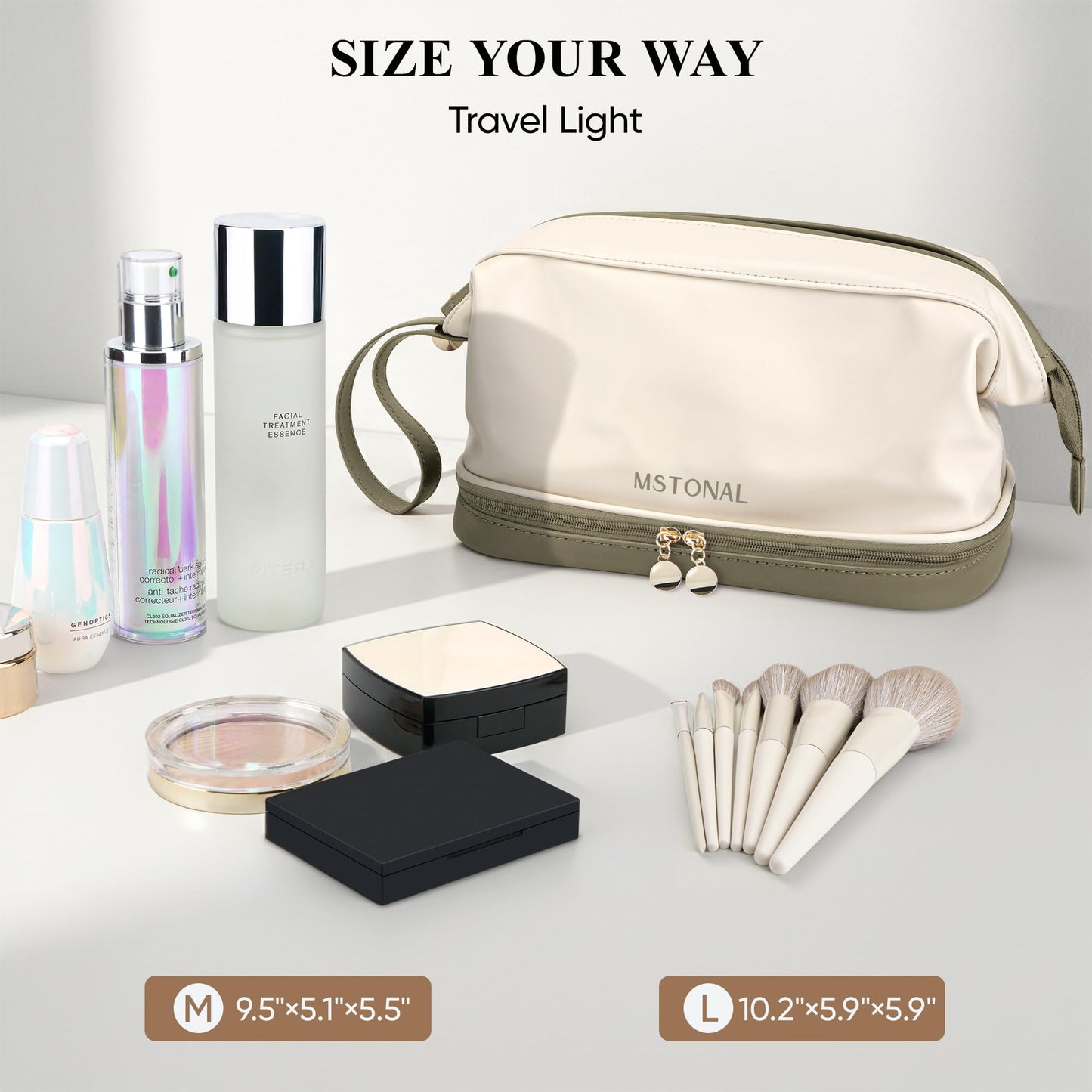 MSTONAL Travel Makeup Bag, Large Capacity Double Layer Cosmetic Bags for Women, Waterproof Portable Make Up Skincare Pouch with Makeup Brush Organizer, Toiletry Bag for Essentials, Beige & Olive Green