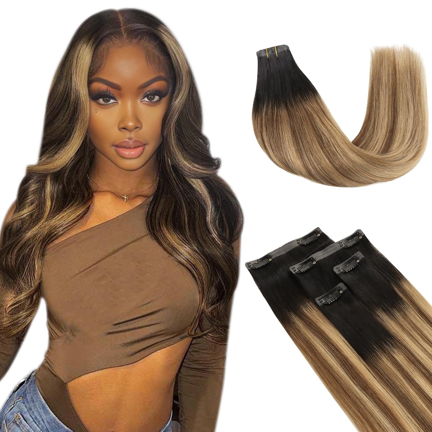 Lashey Seamless Clip in Hair Extensions Human Hair Ombre Balayage Ash Brown Highlighted Honey Blonde with Natural Black Dark Roots Hair Extensions Real Human Hair 43g 4pcs 16 Inch Straight Clip ins