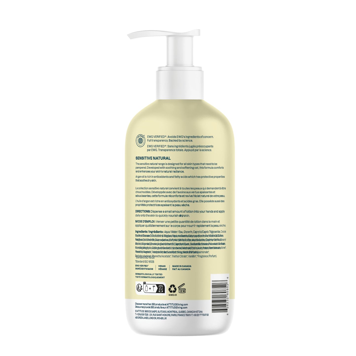 ATTITUDE Body Lotion for Sensitive Skin with Oat, EWG Verified, Dermatologically Tested, Vegan, Argan Oil, 16 Fl Oz