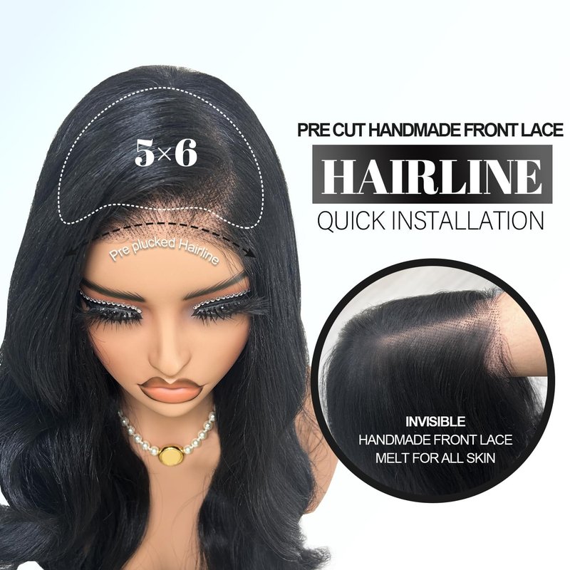 Lace Front Wig - 26-Inch Body Wave Synthetic Hair | Pre Plucked HD Lace Frontal with Baby Hair - Natural Black (1B)