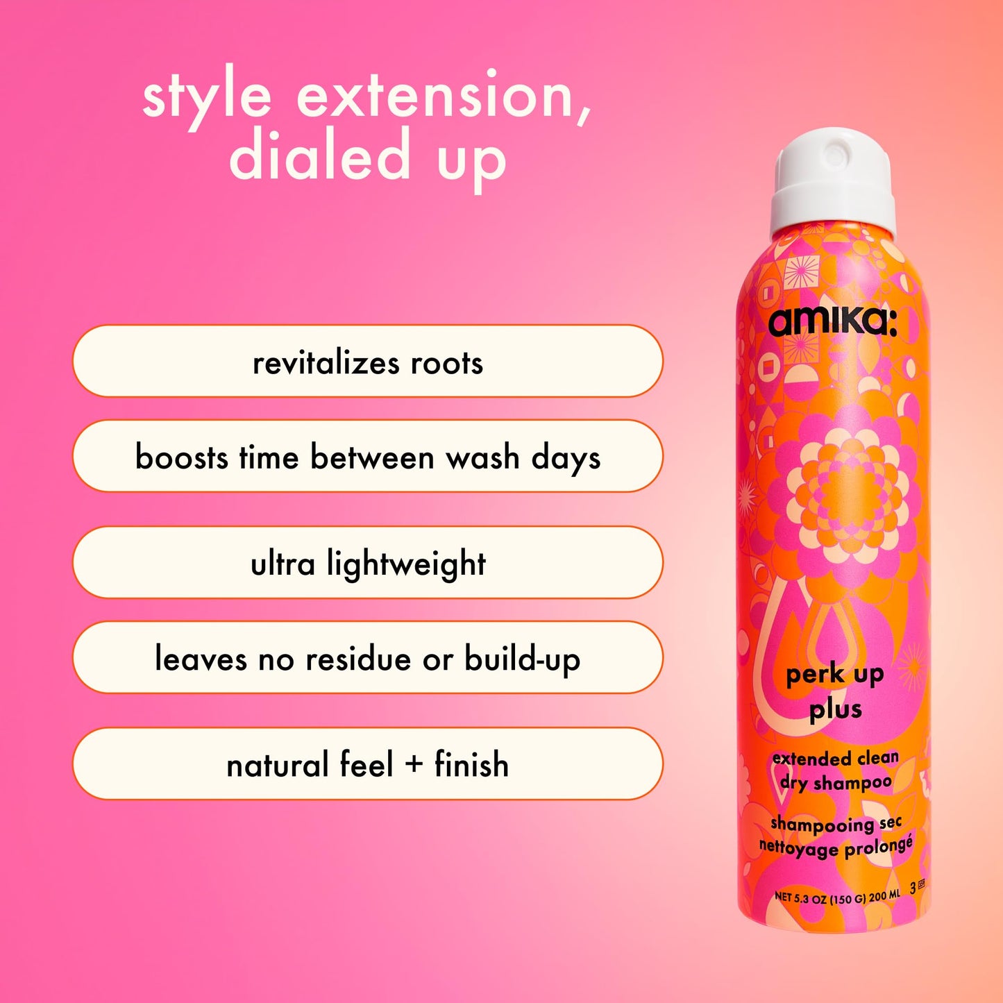 amika perk up plus extended clean dry shampoo, 5.3oz | revitalizes roots + boosts time between washes with no residue or build up | for all hair types
