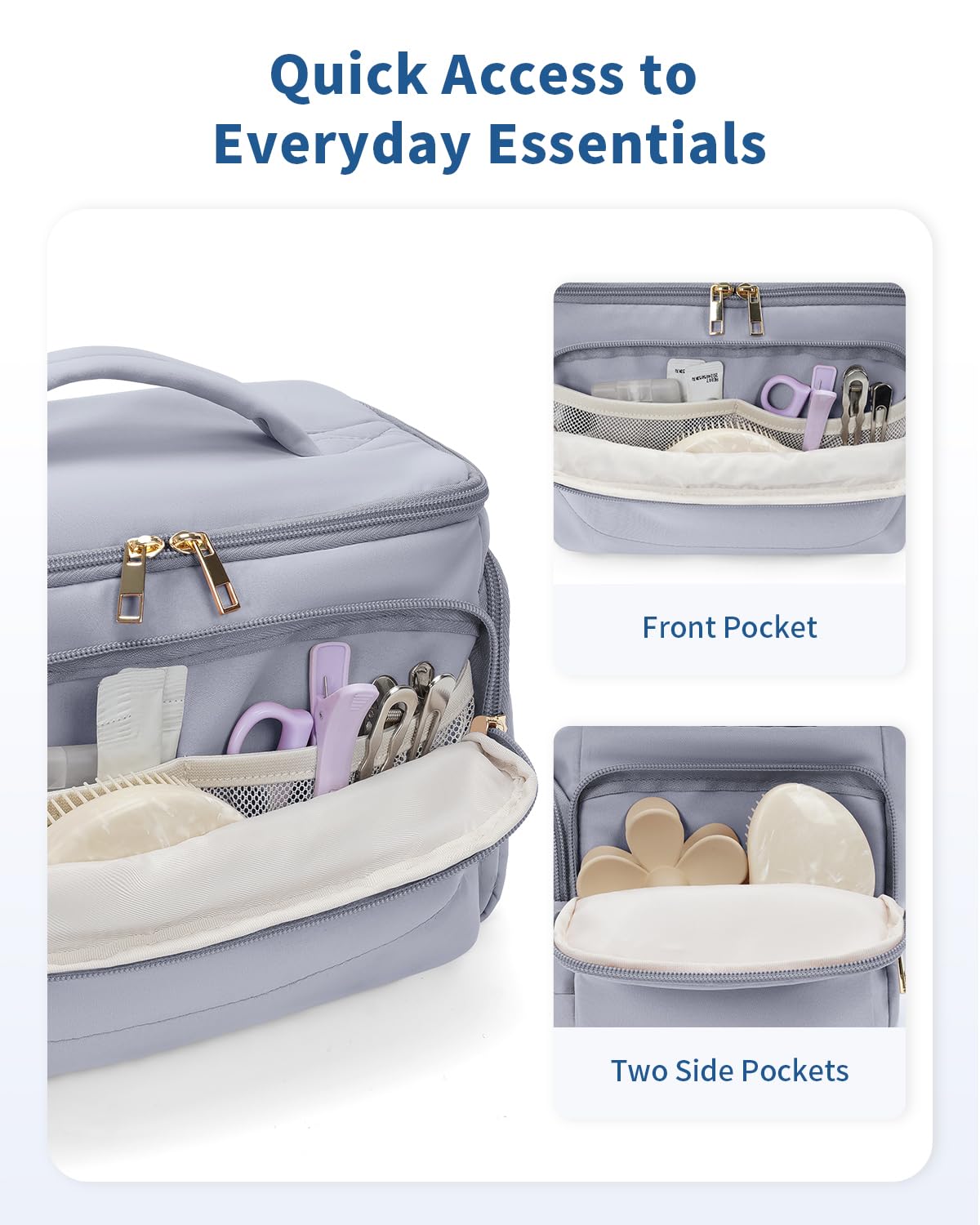 WANDF Travel Toiletry Bag for Women, Wide-open Large Makeup Bag with Handle, Puffy Makeup Organizer for Toiletries, Cosmetics, Accessories, Essentials (Slate Blue)