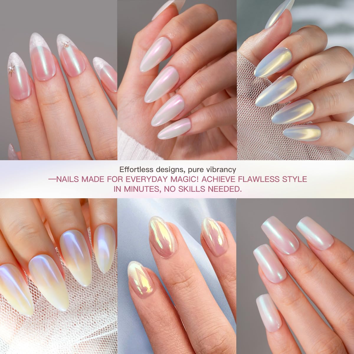 Pretty Diva 7 Colors Pearl Chrome Powder Set, Magic White Pearl Chrome Powder for Nails Aurora Iridescent Pearl Nail Chrome Powders Metallic Manicure Pigment