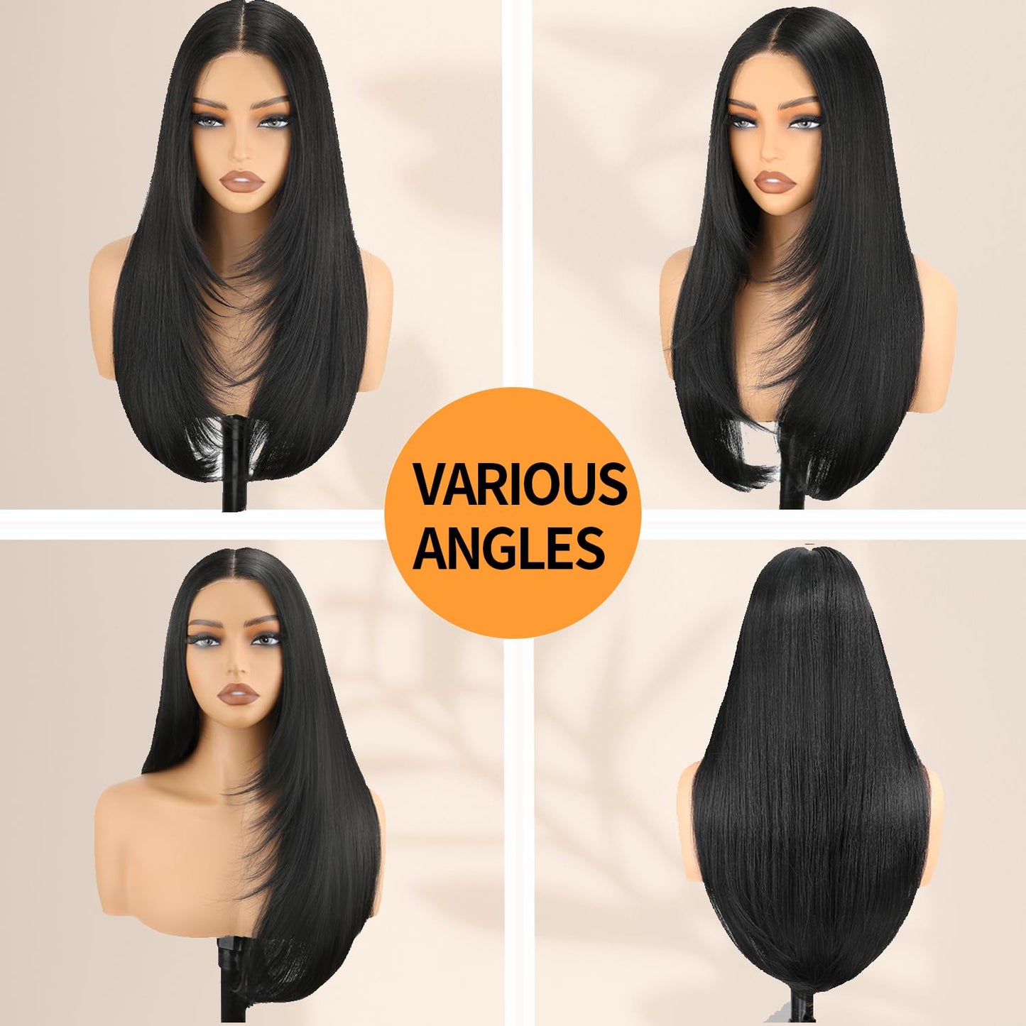 NOSTALGIA Black Glueless Lace Front Wig - 26 Inch Straight Synthetic Layered Style for Women