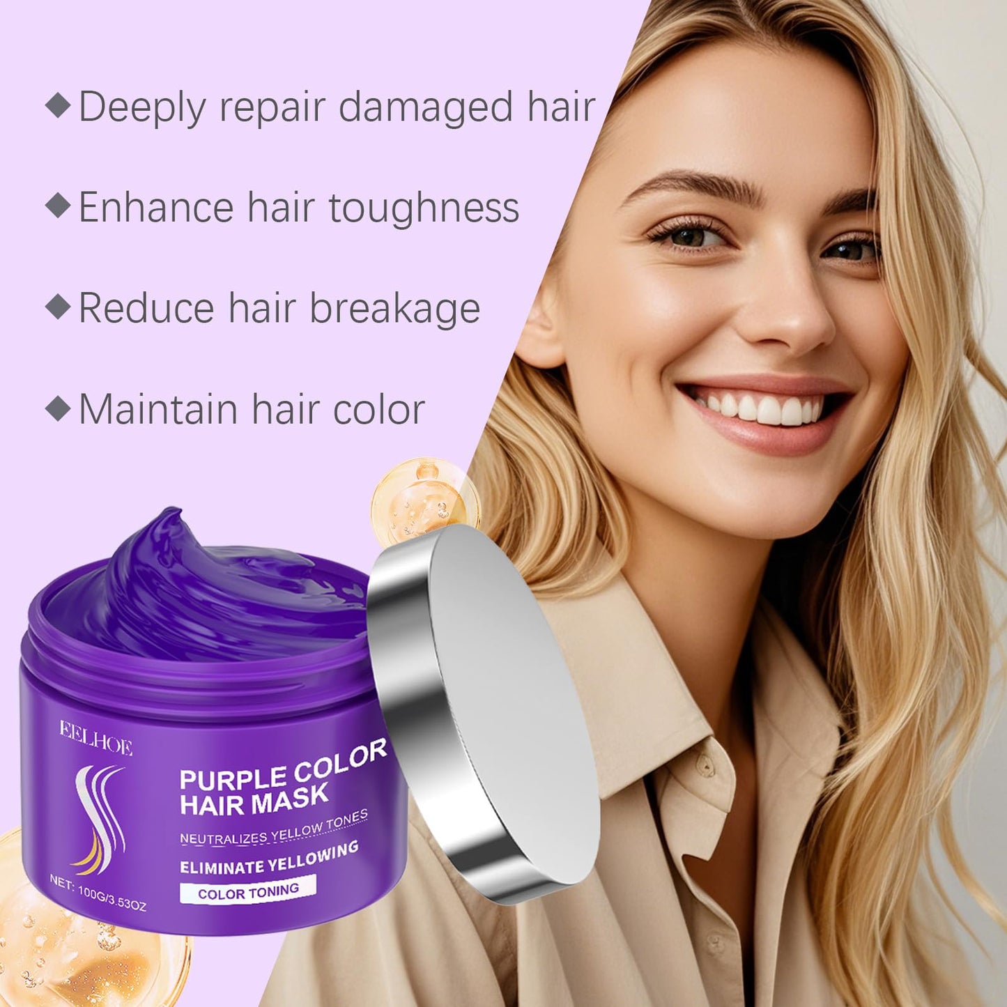 Purple Hair Mask with Keratin, Deep Conditioner and Toner for Blonde, Brassy Hair, Remove Yellow Tones & Condition Dry, Damaged Hair, Repair & Nourishment Treatment For Bleached Treatment, 100g/3.53oz