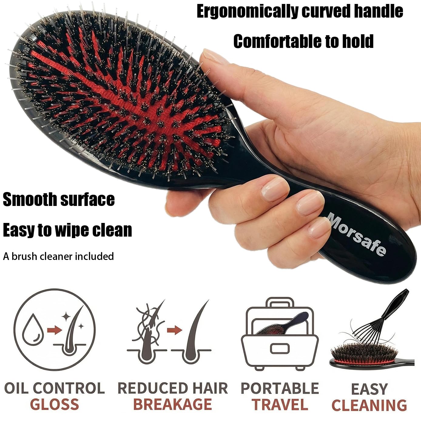 Morsafe Boar Bristle Hair Brush for Women Men Painless Detangling Paddle Brush for Curly Fine Tangled Hair, Anti-frizz Boar Nylon Bristle Cushioned Brush, Includes Cleaning Tool
